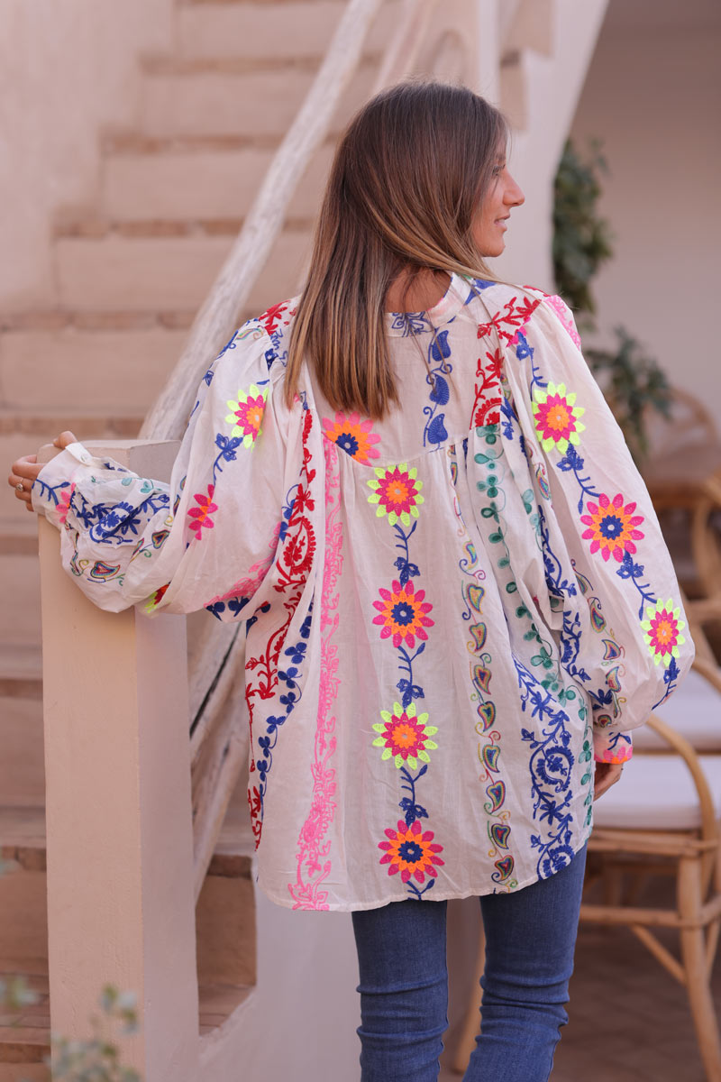 White cotton shirt with bright colourful paisley and floral embroidery
