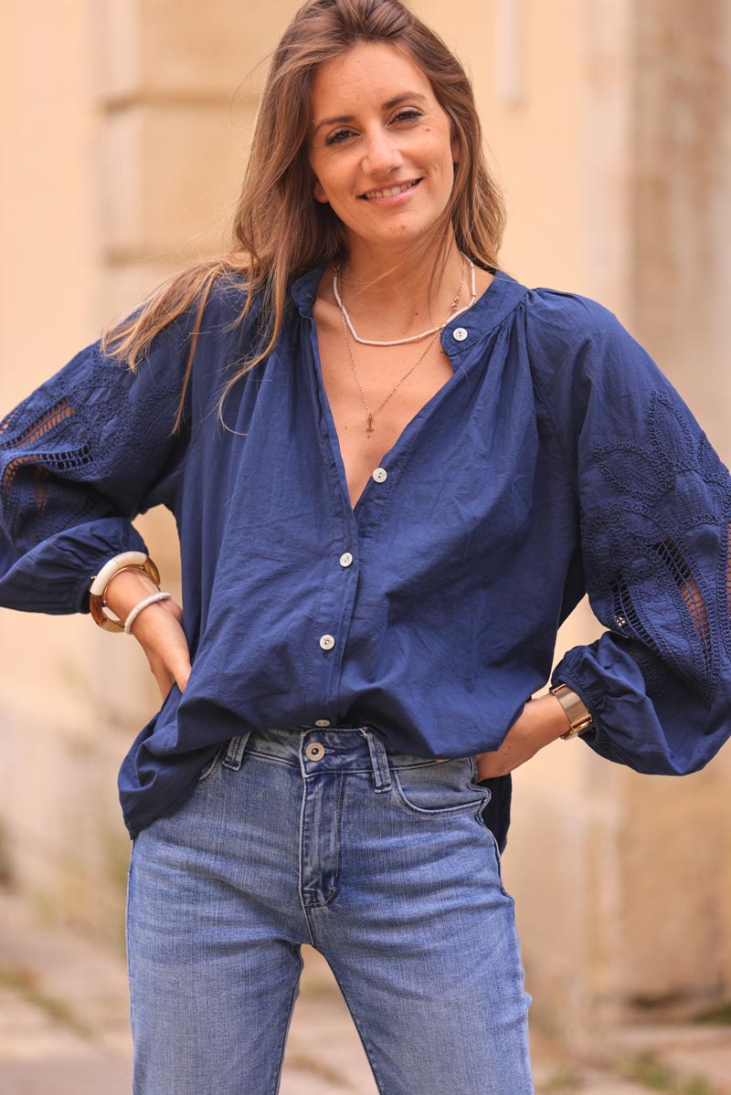 Navy blue Lotus Sleeve Poplin Blouse