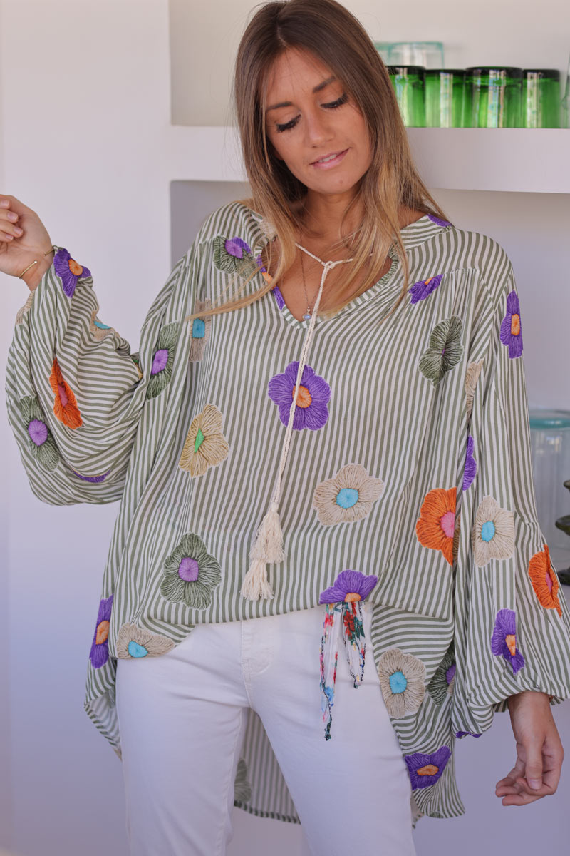 Túnica fluida de rayas caqui y estampado de flores de colores con mangas abullonadas