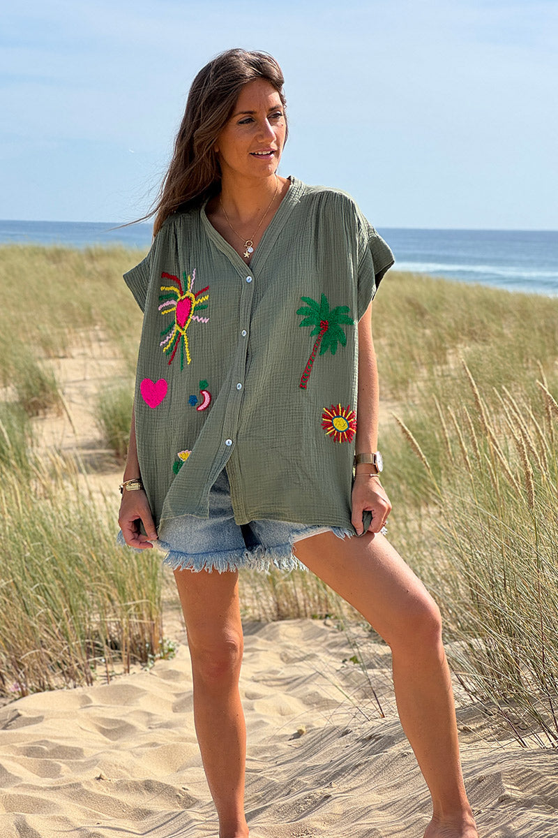 Olive Embroidered Gauze Button-Down Blouse