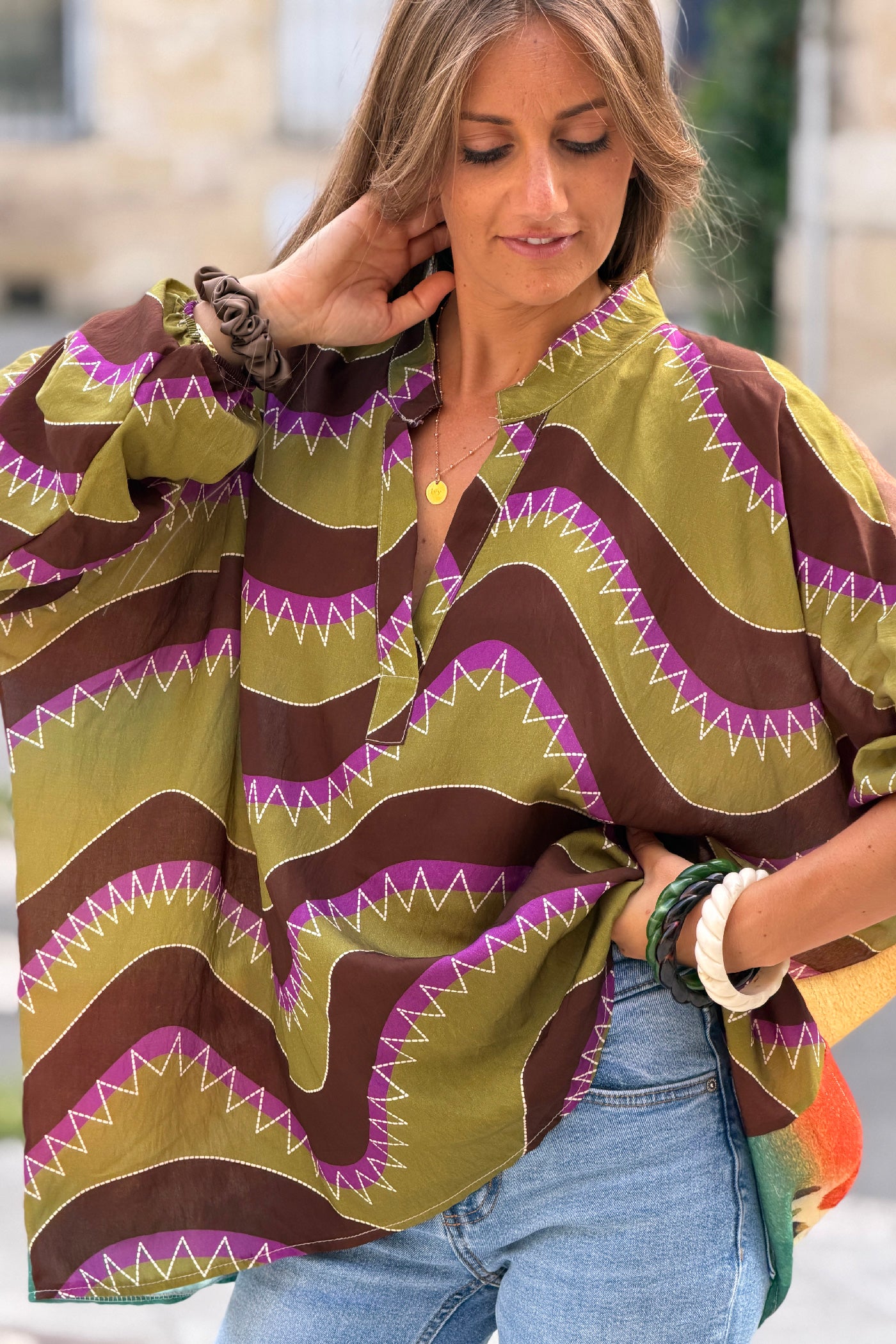 Olive Burning Heart Striped Viscose Blouse