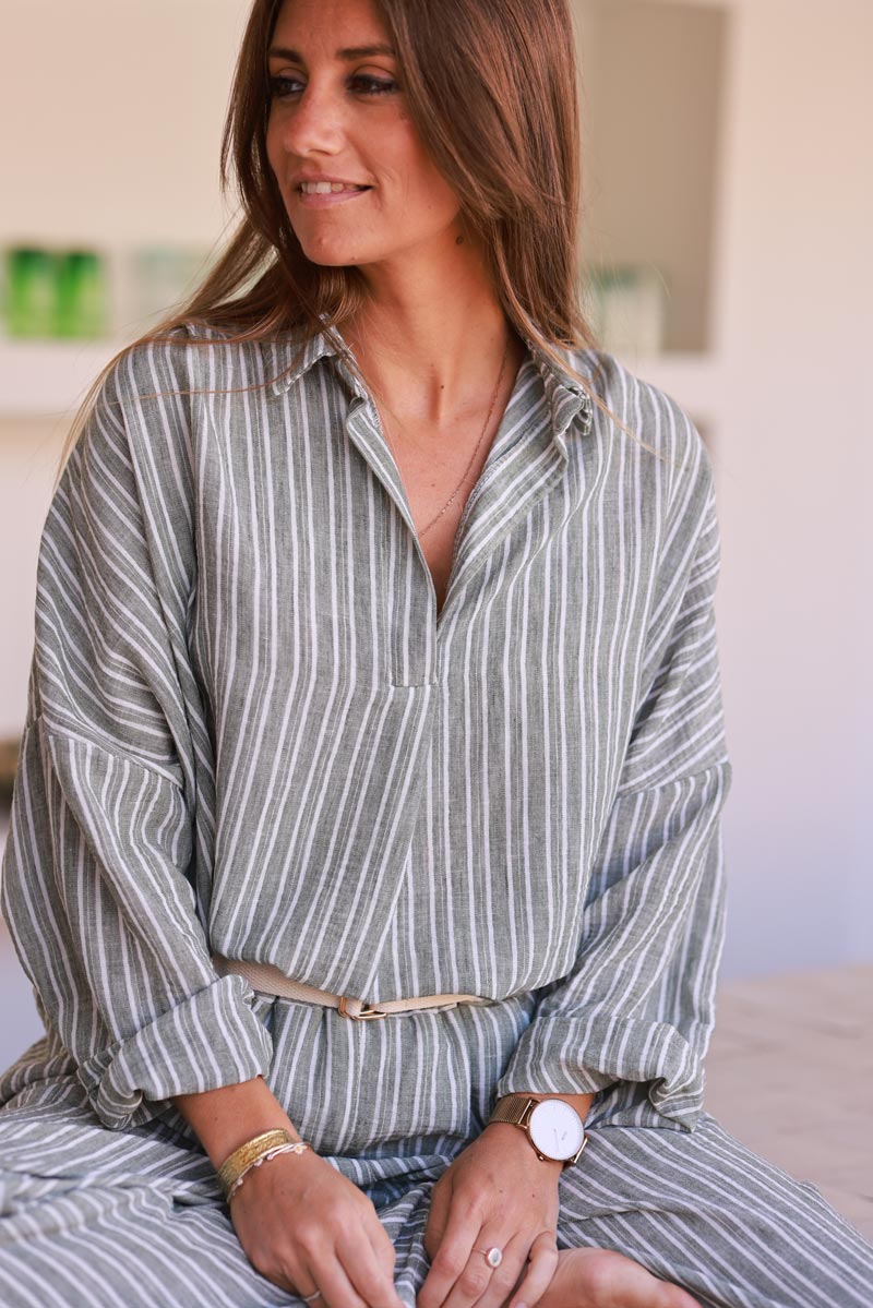 Olive Pinstripe Woven Split Neck Tunic