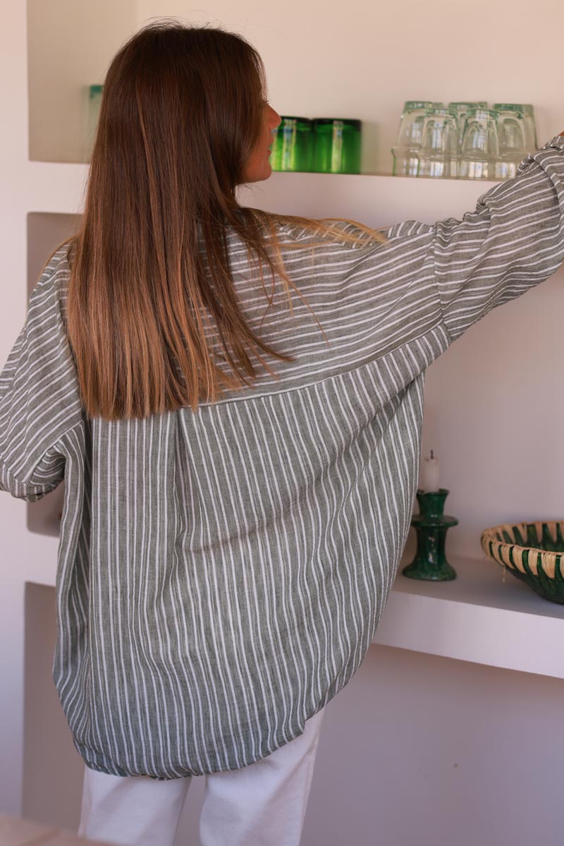 Olive Pinstripe Woven Split Neck Tunic