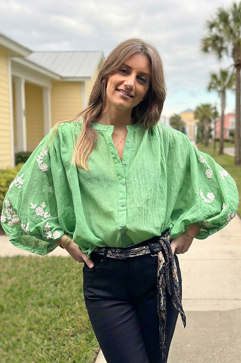 Green Floral Applique Cotton Blouson Top