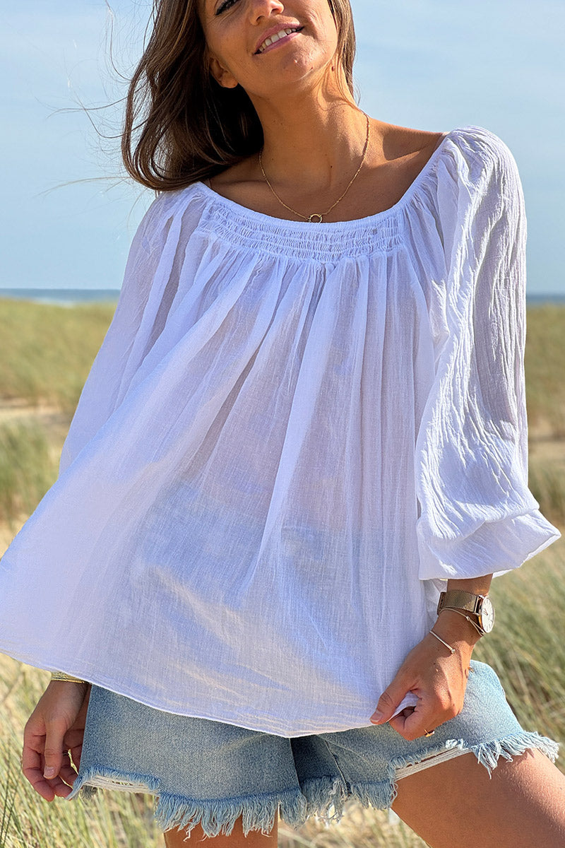 White Shirred Cotton Peasant Blouse