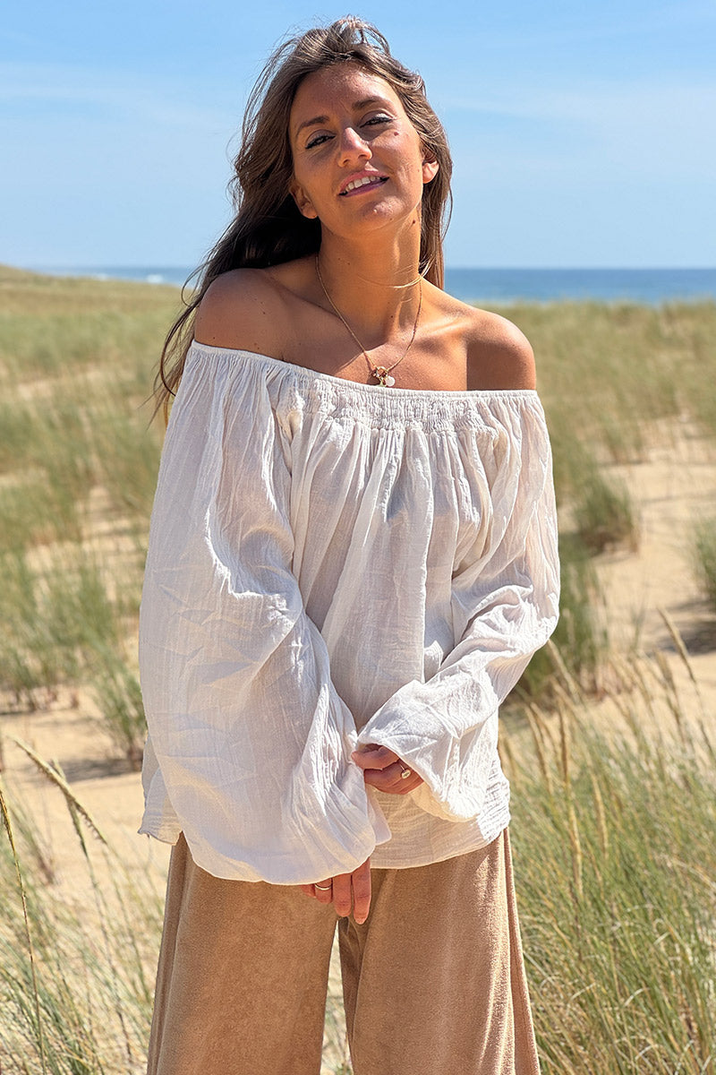 Cream Shirred Cotton Peasant Blouse