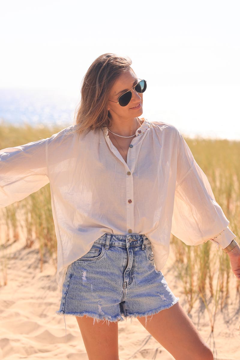 Ecru lightweight cotton blouse with colorful seams