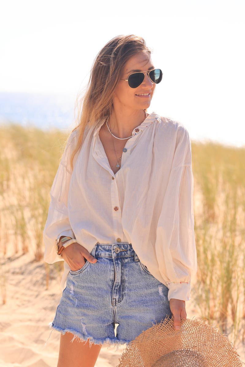Ecru lightweight cotton blouse with colorful seams