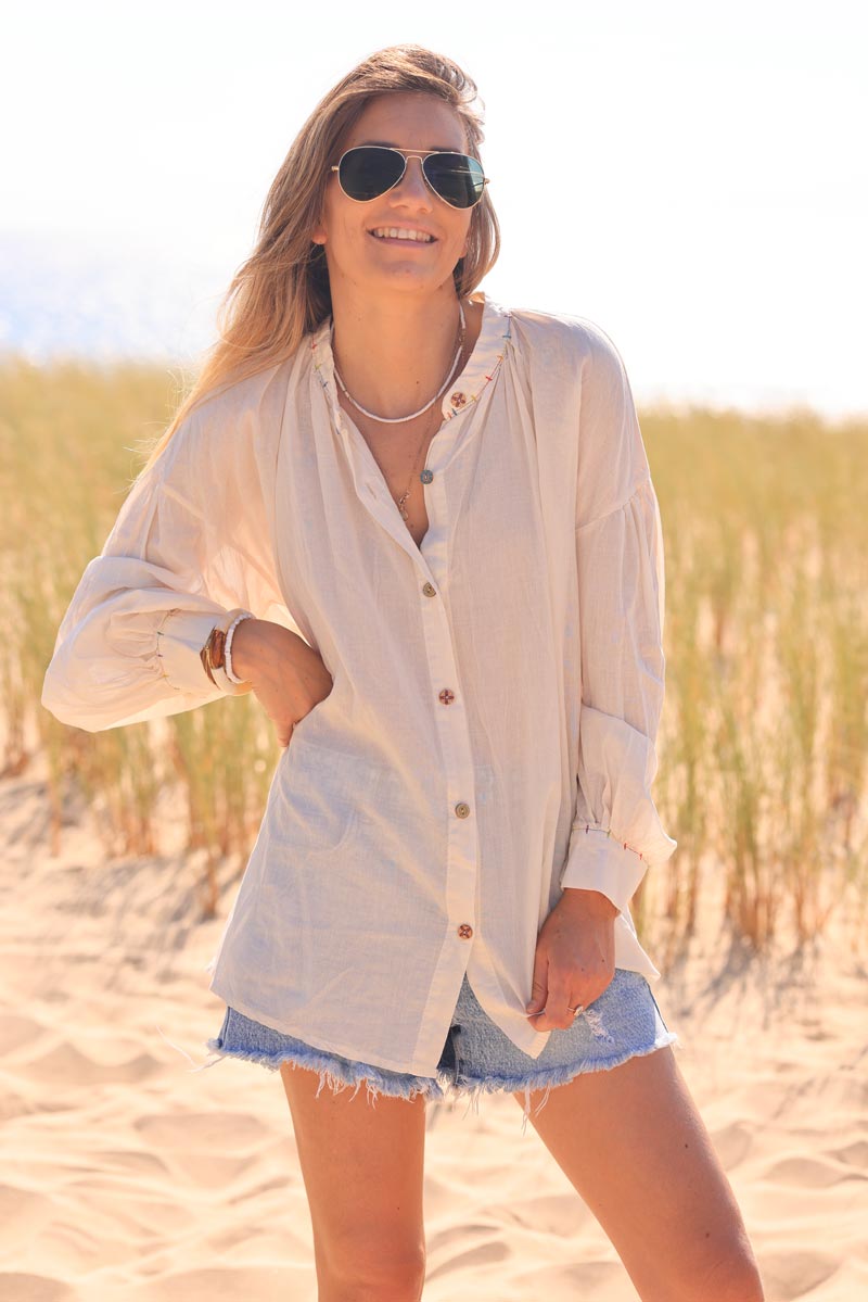 Ecru lightweight cotton blouse with colorful seams