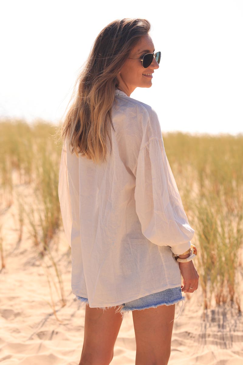 Ecru lightweight cotton blouse with colorful seams