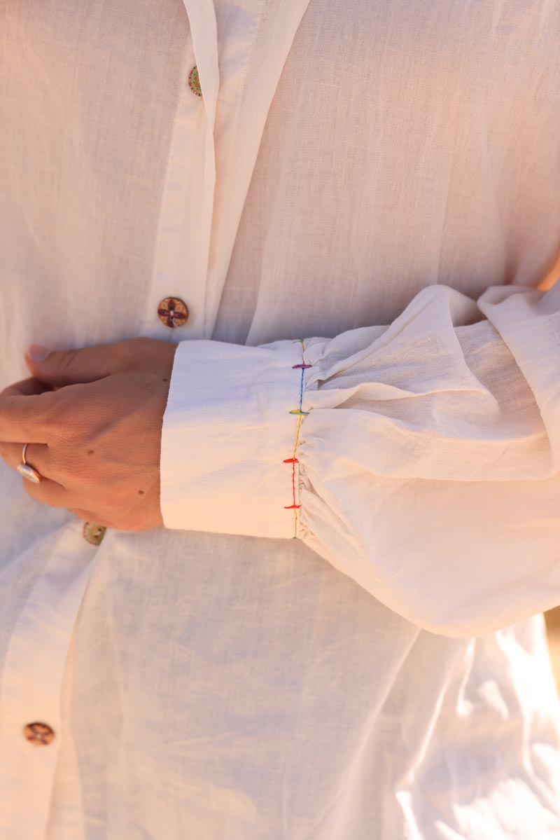 Ecru lightweight cotton blouse with colorful seams