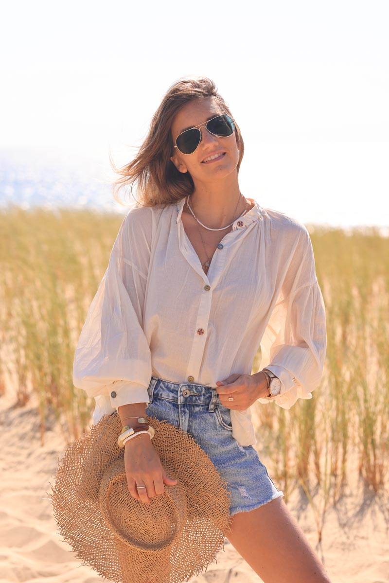 Ecru lightweight cotton blouse with colorful seams