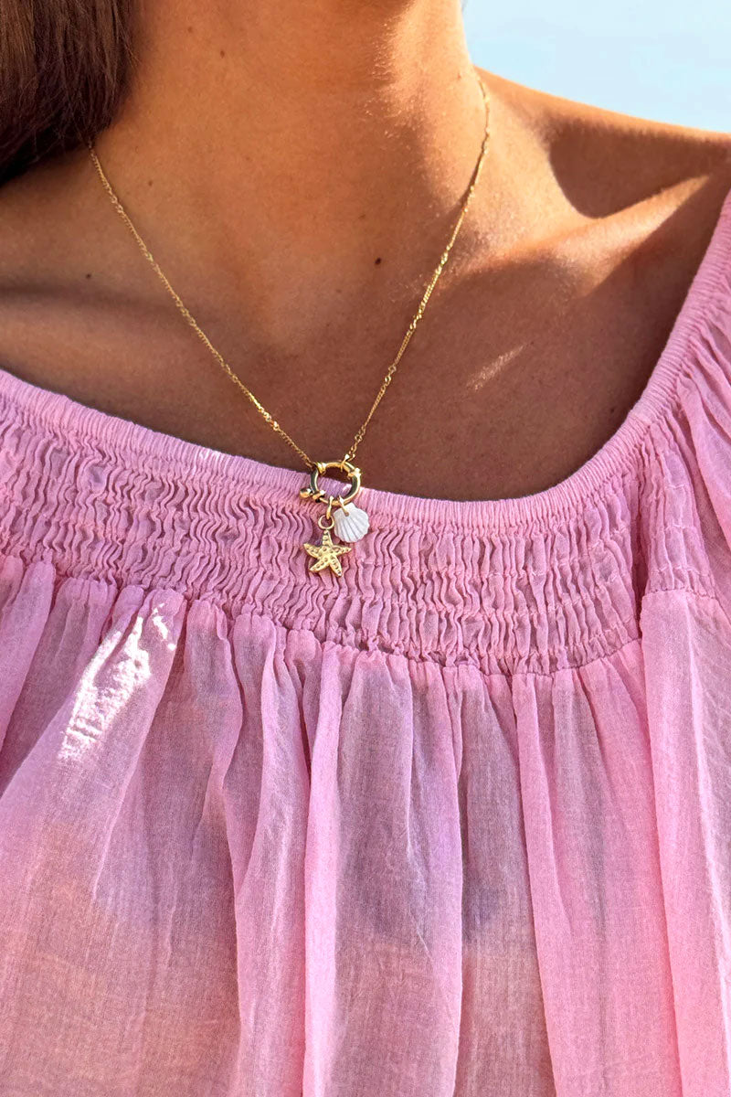 Pink Shirred Cotton Peasant Blouse