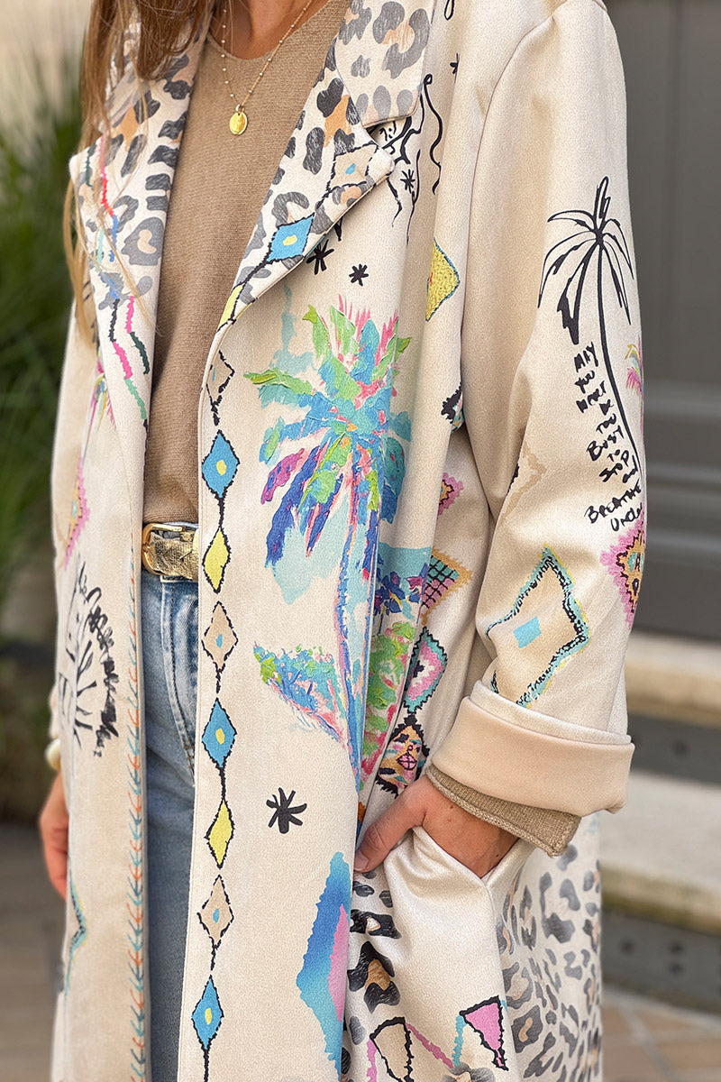 Veste blazer long en suédine beige motifs palmier léopard et cheval