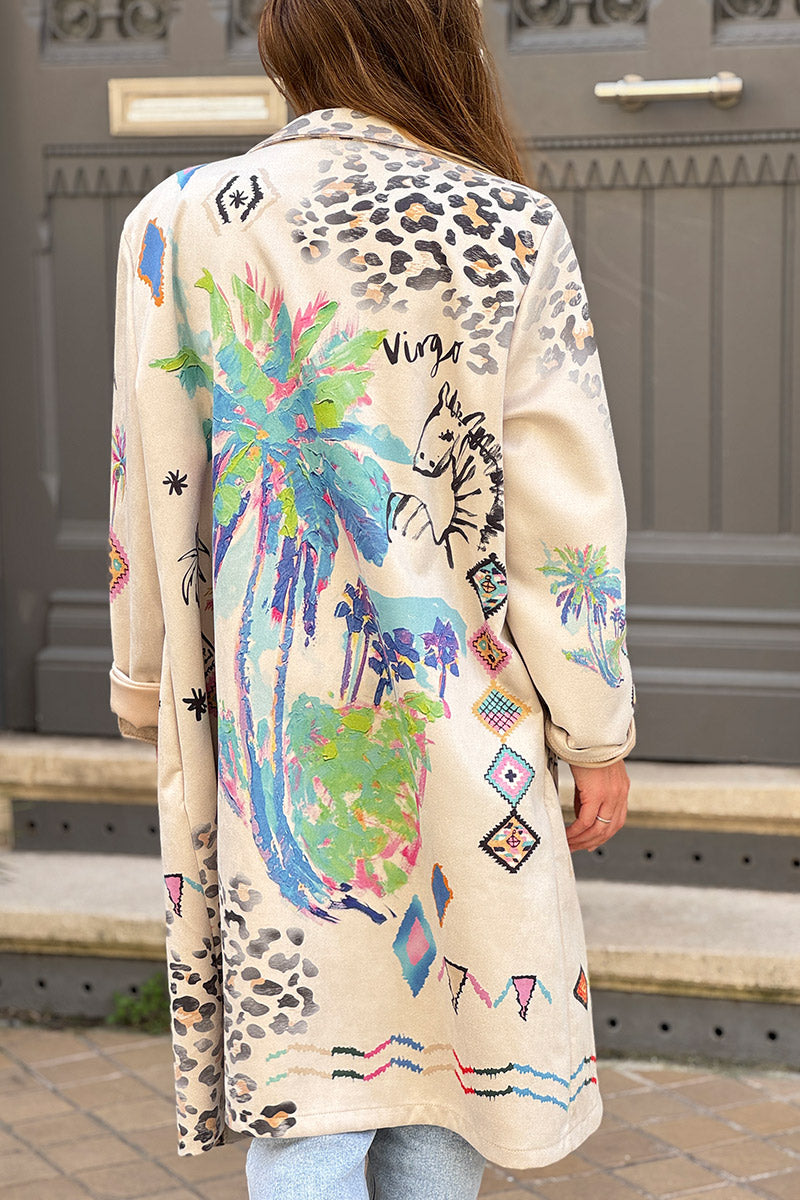 Veste blazer long en suédine beige motifs palmier léopard et cheval