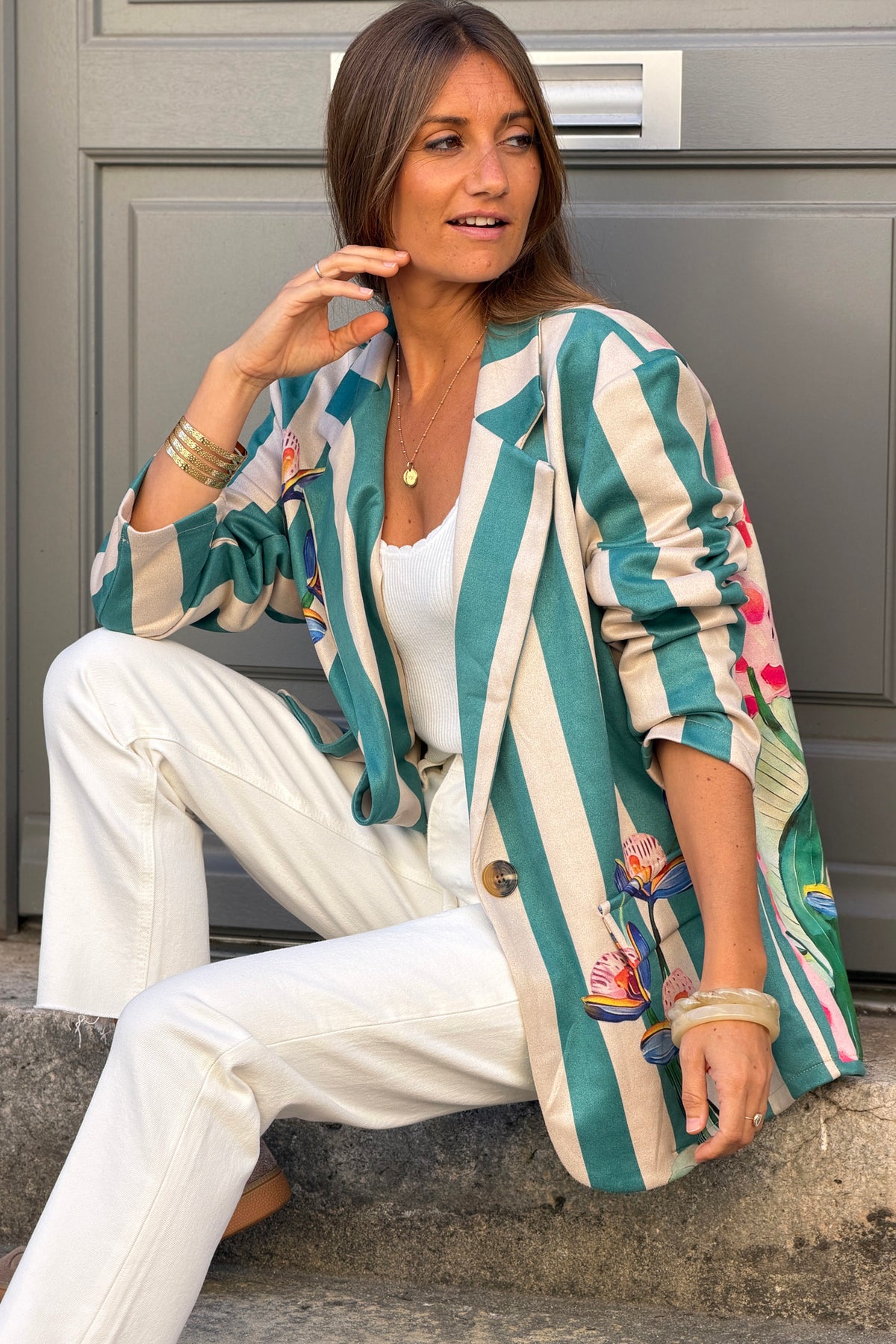 Veste blazer souple en suédine rayures turquoises imprimé fleurs et léopard