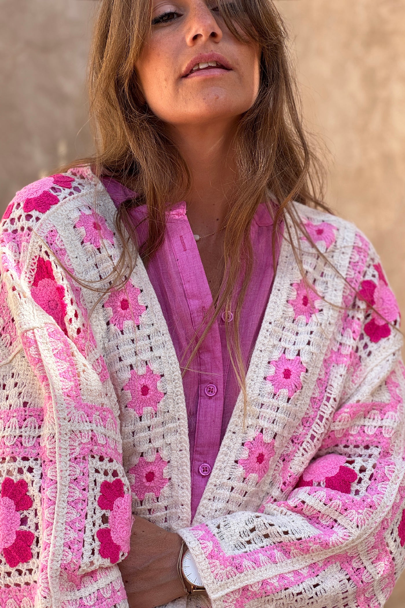 Pink Crochet Blanket Square Cardigan
