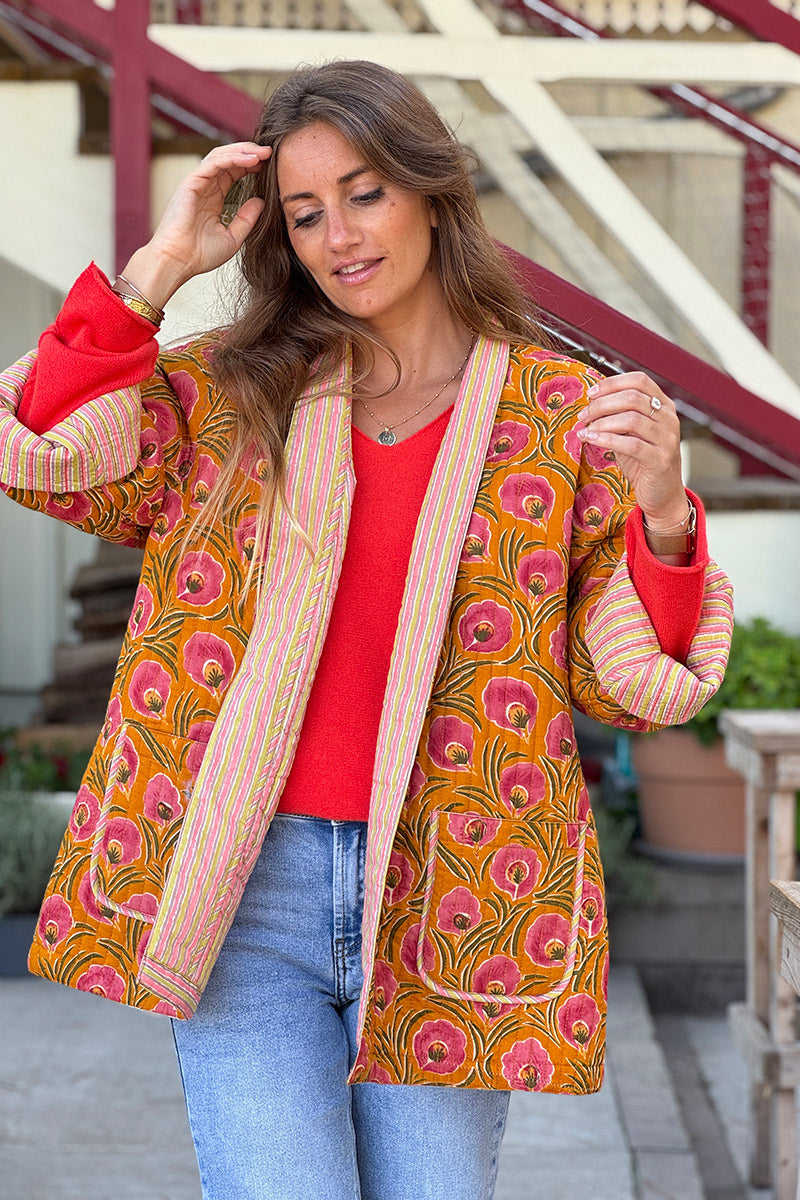 Veste en gaze de coton matelassé rouille imprimé coquelicots peints
