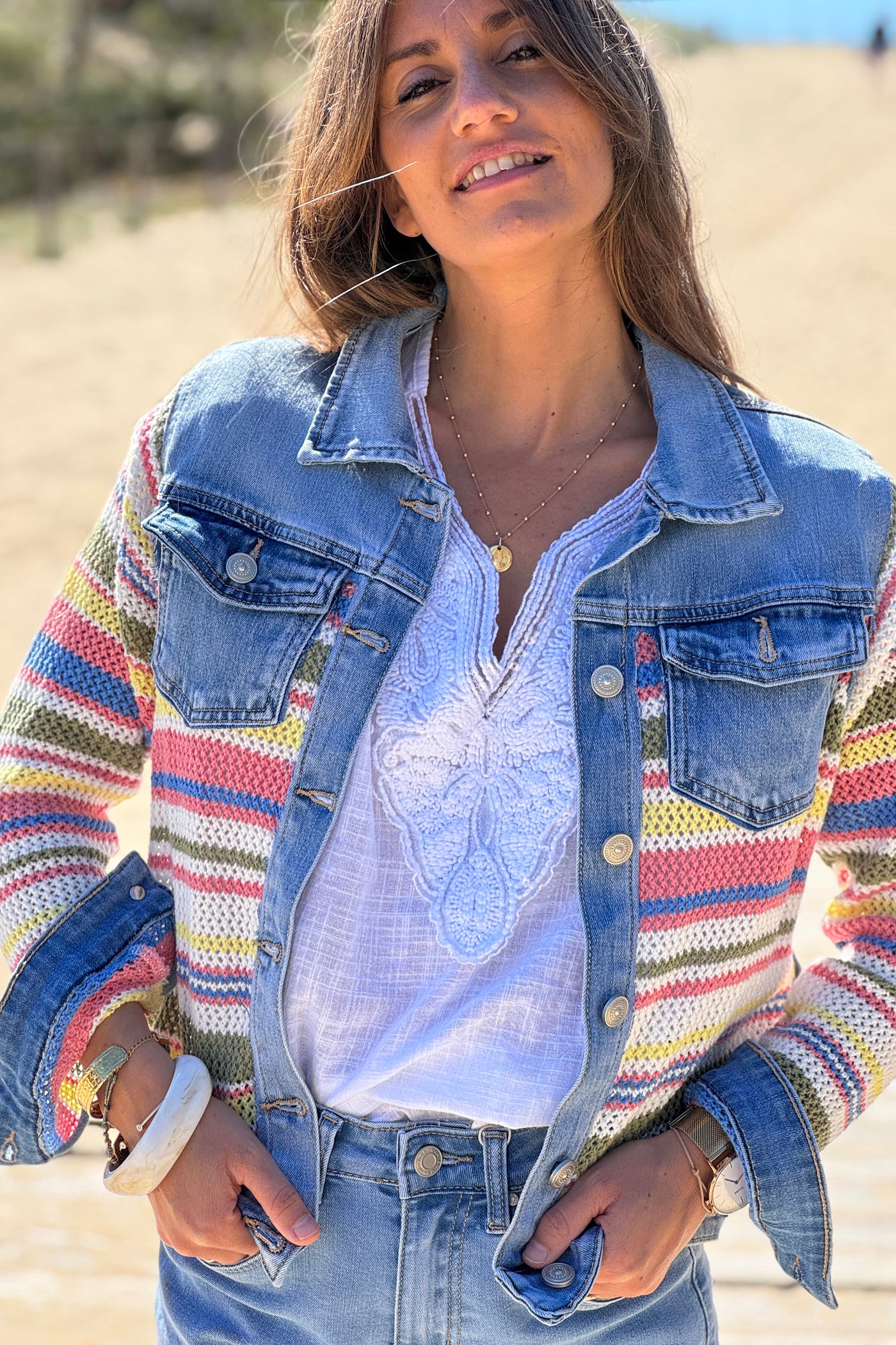 Blue Jean Denim and Crochet Stripe Jacket