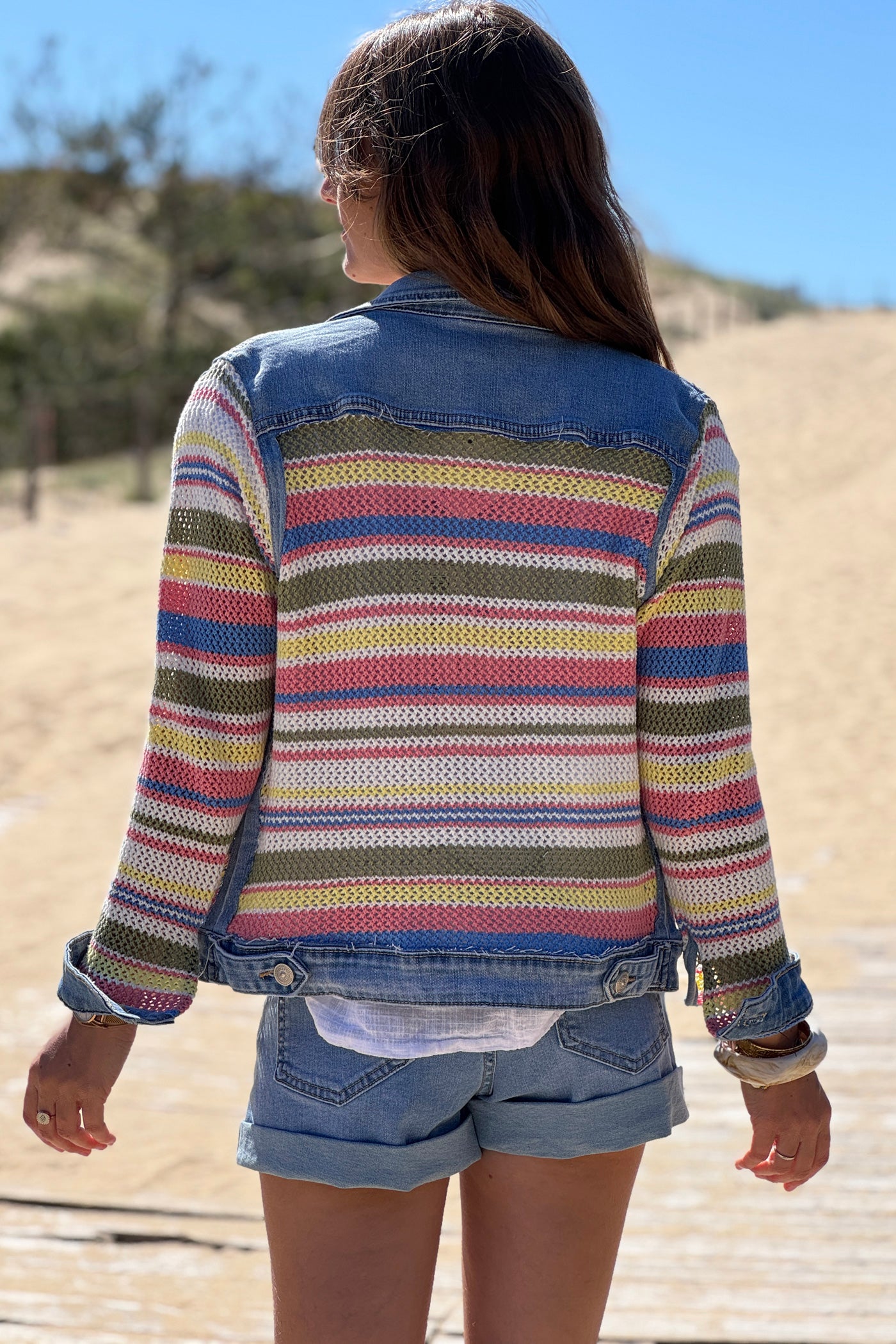 Blue Jean Denim and Crochet Stripe Jacket