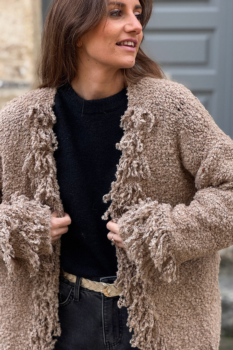 Camel Boucle Fringe Cardigan