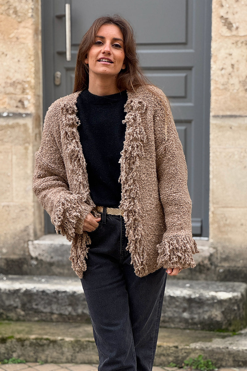 Camel Boucle Fringe Cardigan