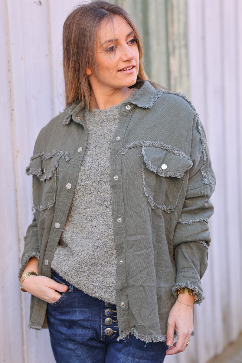 Khaki denim oversized jacket 'ROCK AND ROLL' with raw seams