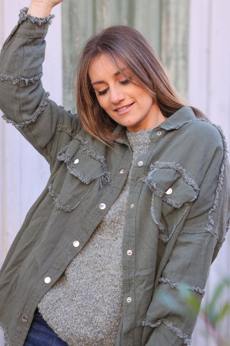 Khaki denim oversized jacket 'ROCK AND ROLL' with raw seams