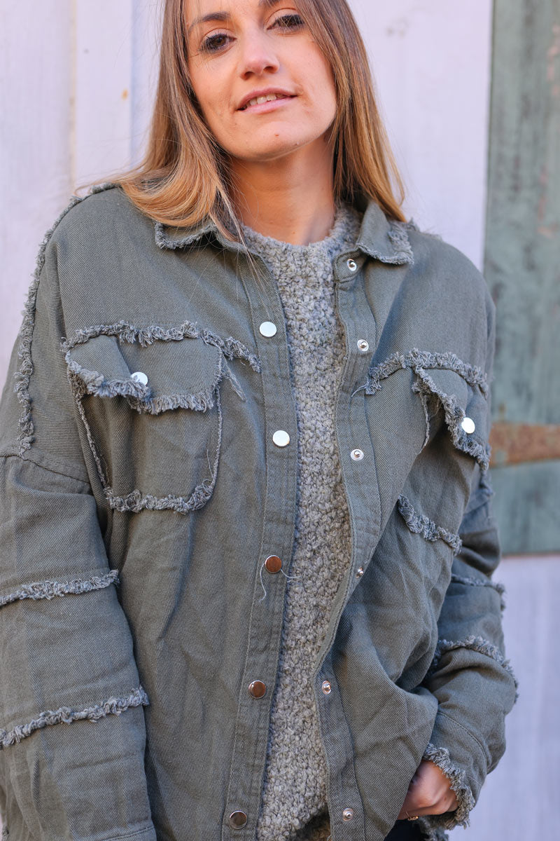Khaki denim oversized jacket 'ROCK AND ROLL' with raw seams