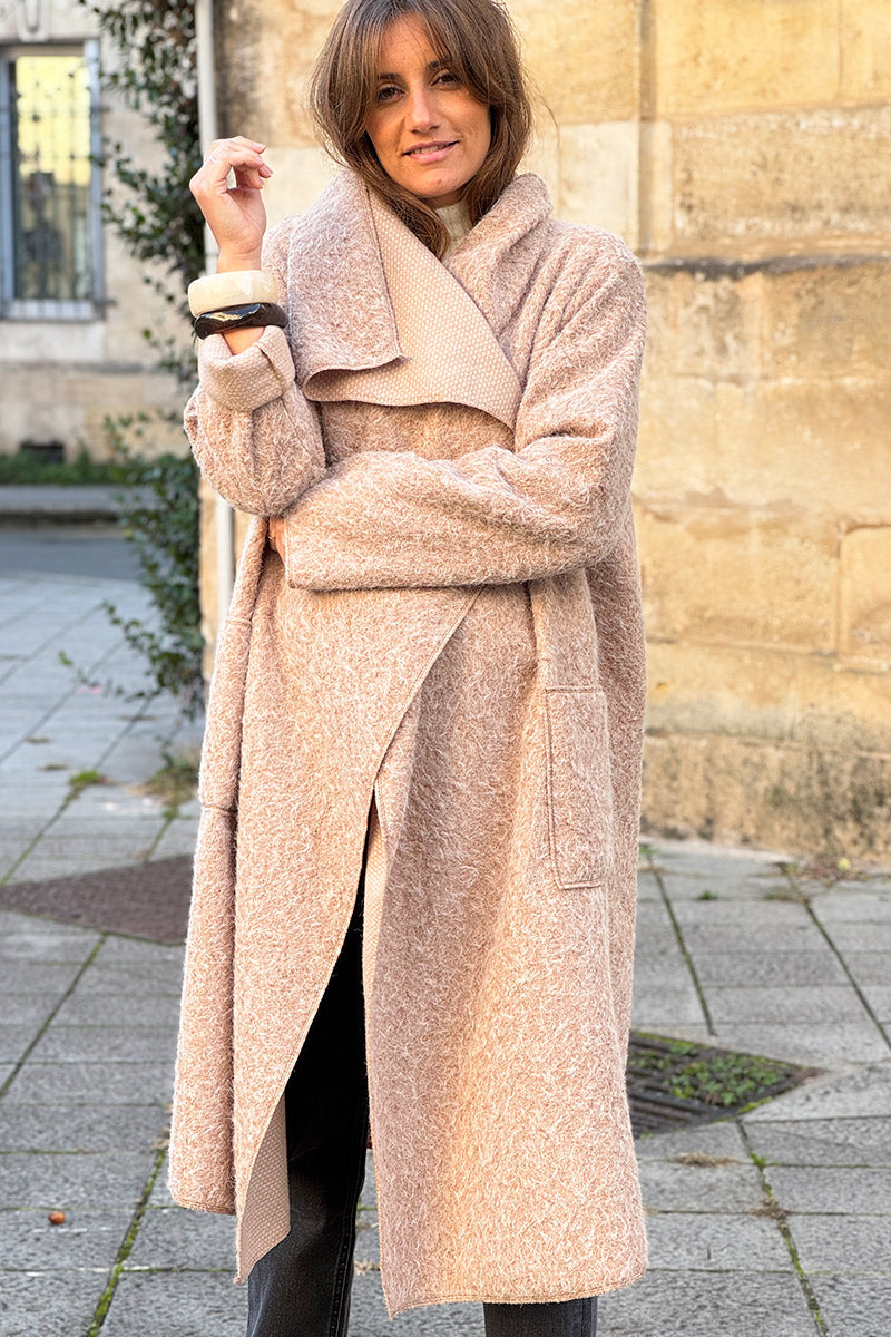 Beige Brushed Wool Drape Front Duster