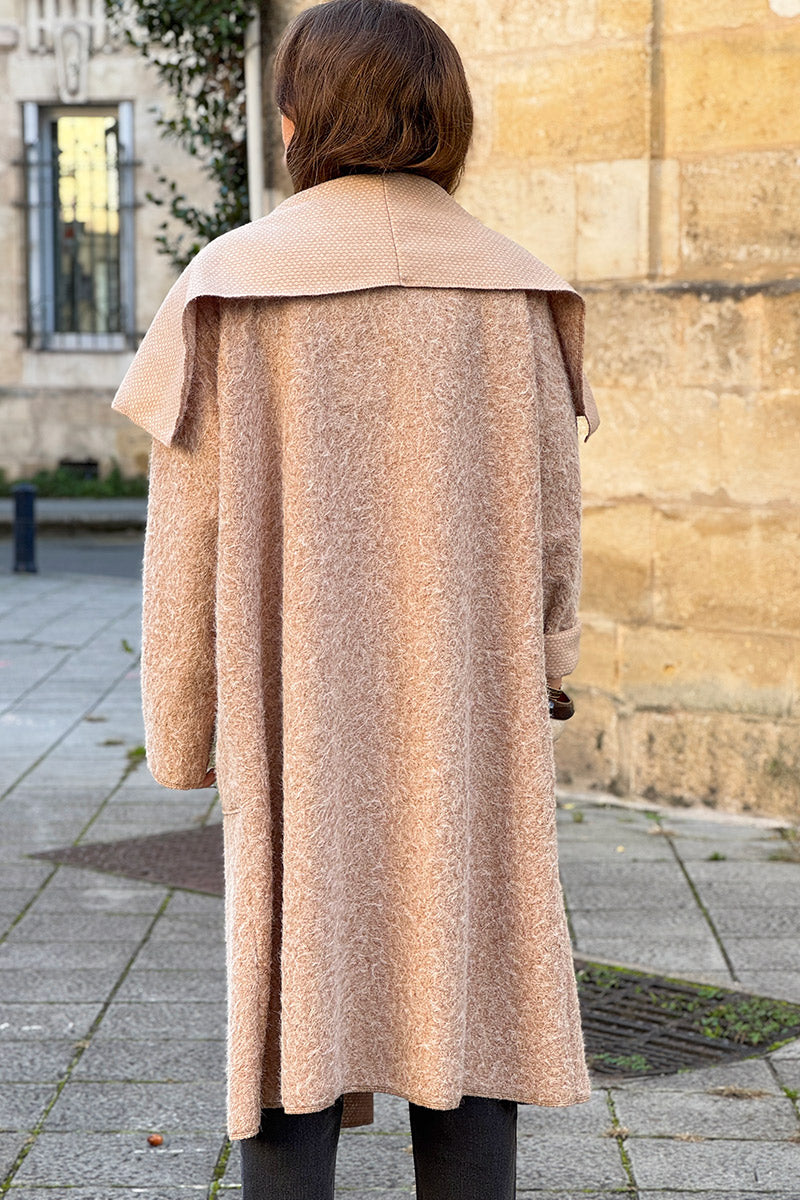 Beige Brushed Wool Drape Front Duster