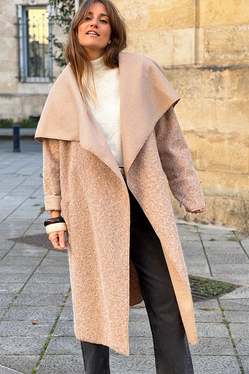 Beige Brushed Wool Drape Front Duster