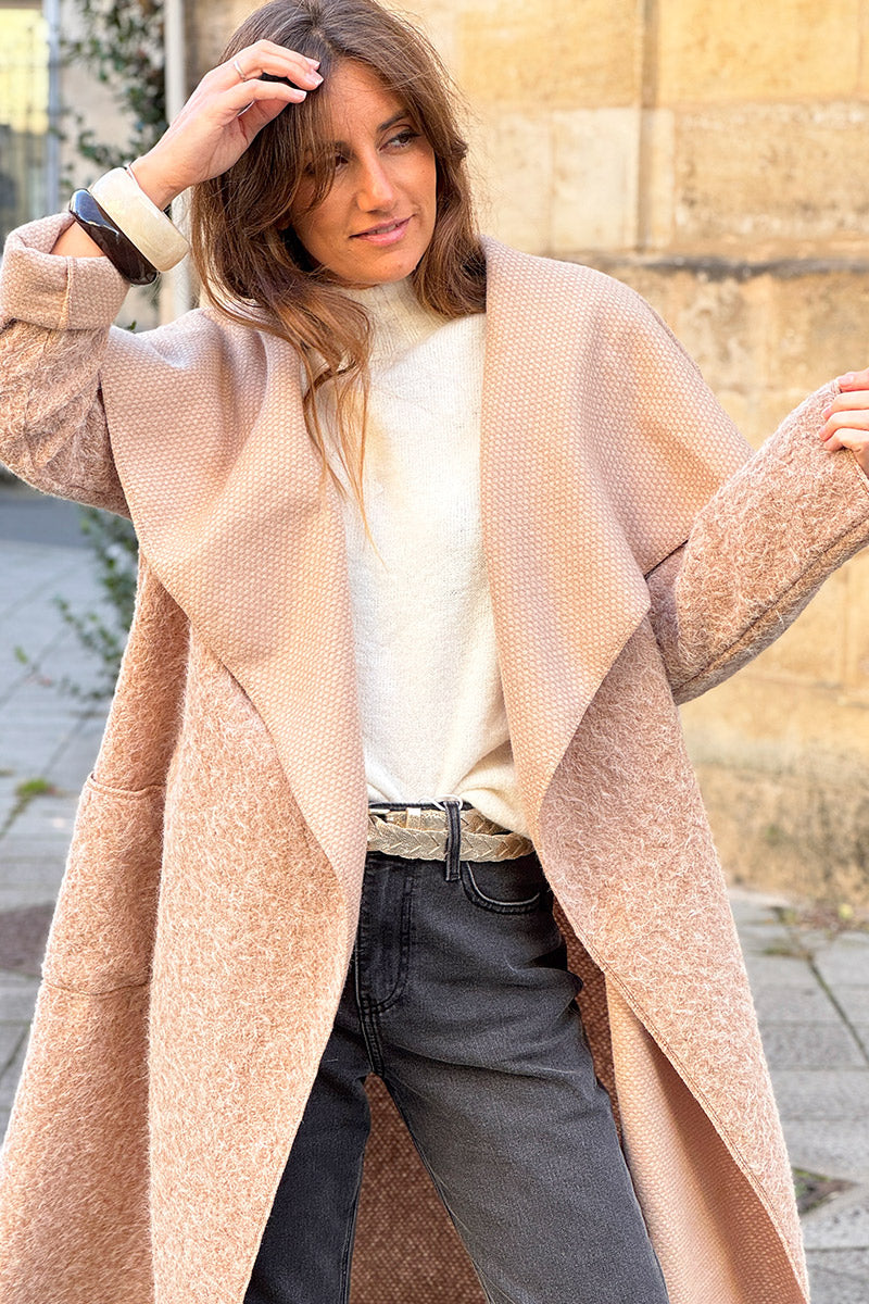 Beige Brushed Wool Drape Front Duster