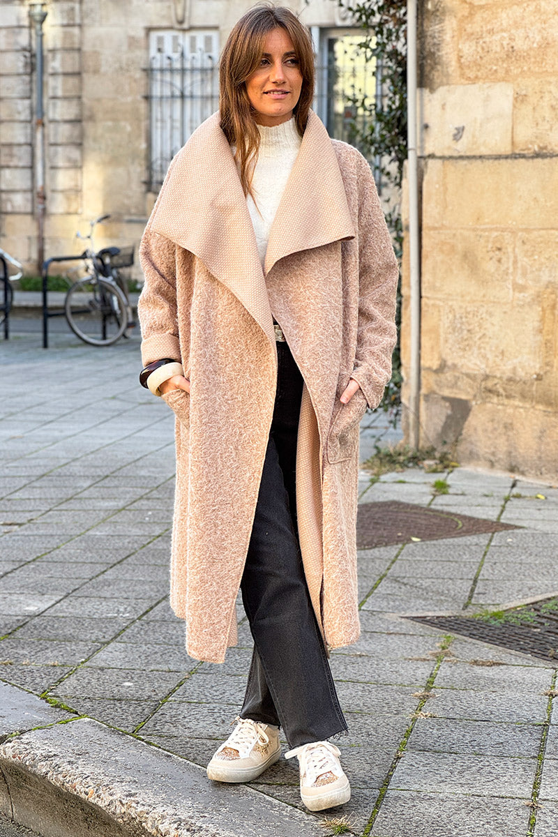 Beige Brushed Wool Drape Front Duster