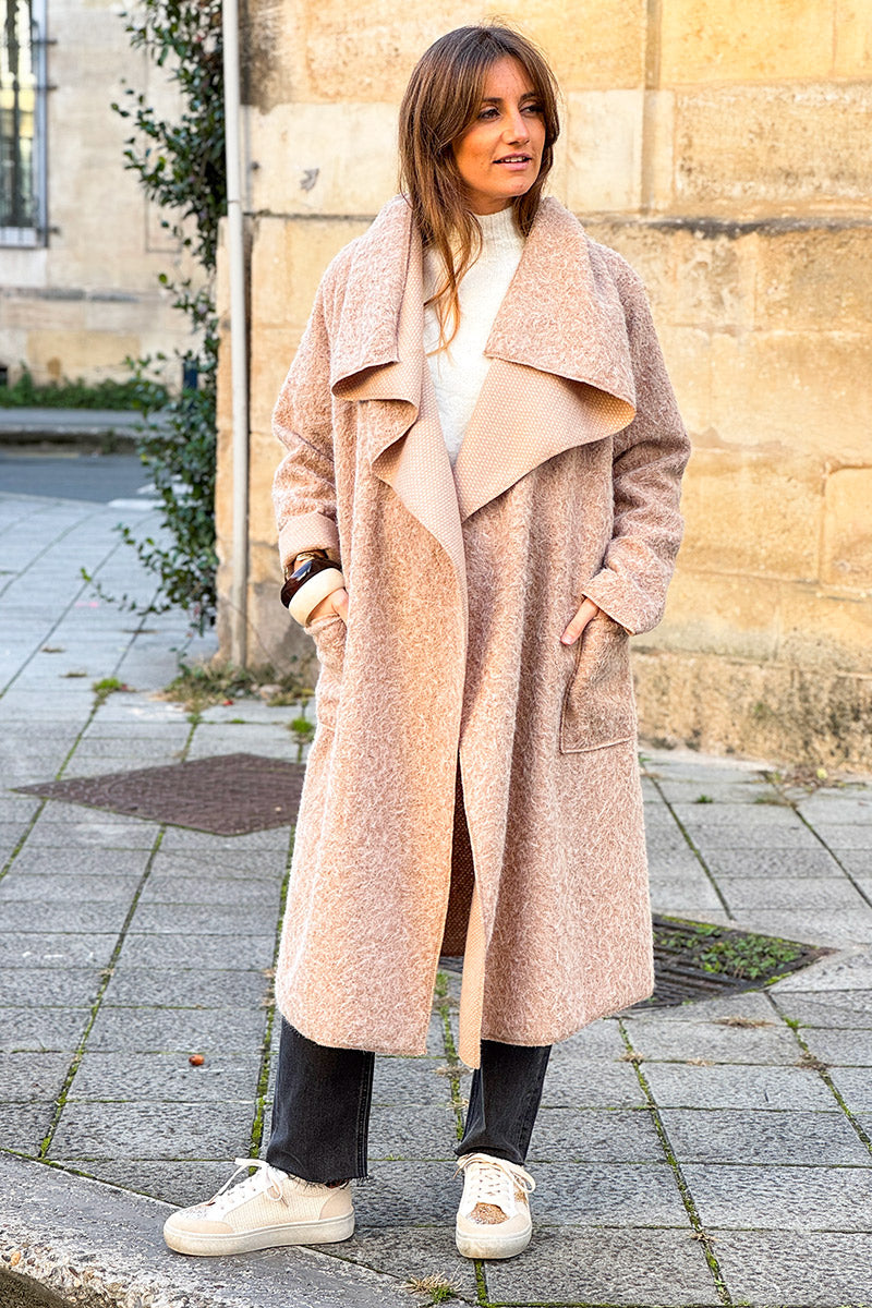Beige Brushed Wool Drape Front Duster