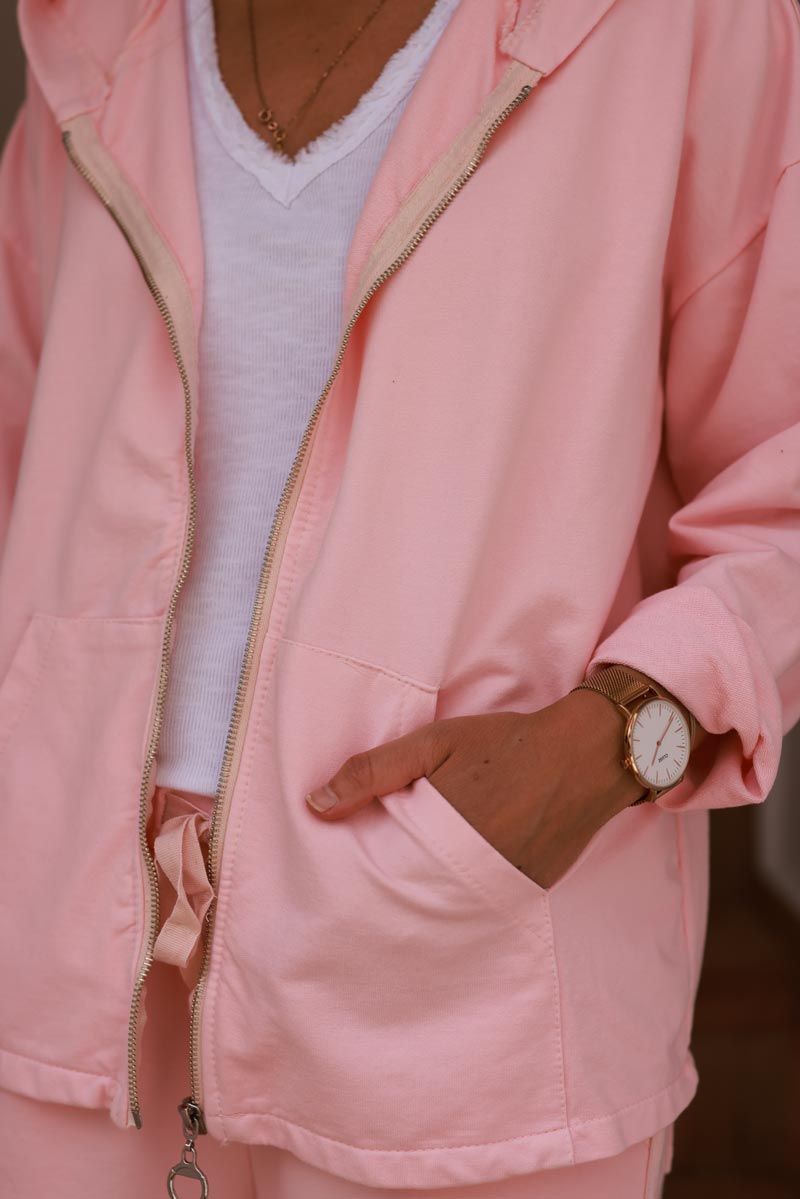 Light Pink Satin Stripe Stretch Knit Zip Hoodie