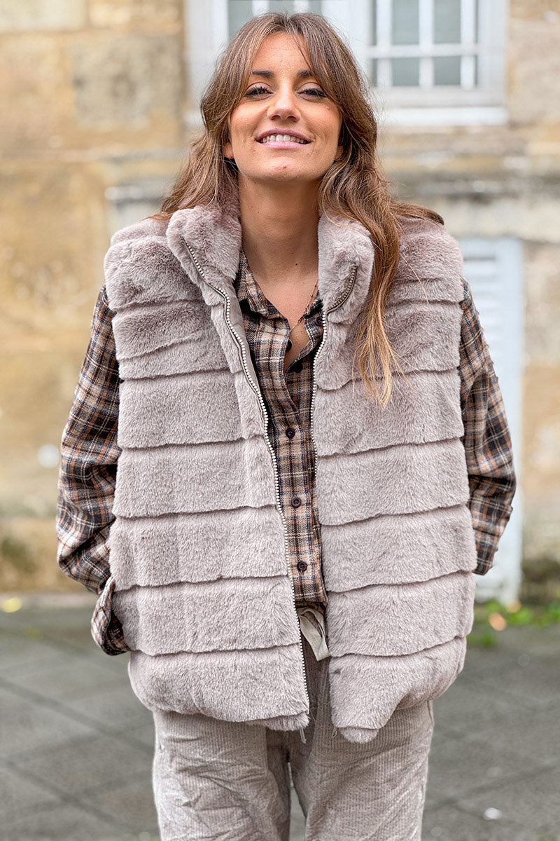 Taupe Faux Fur Zip Front Vest