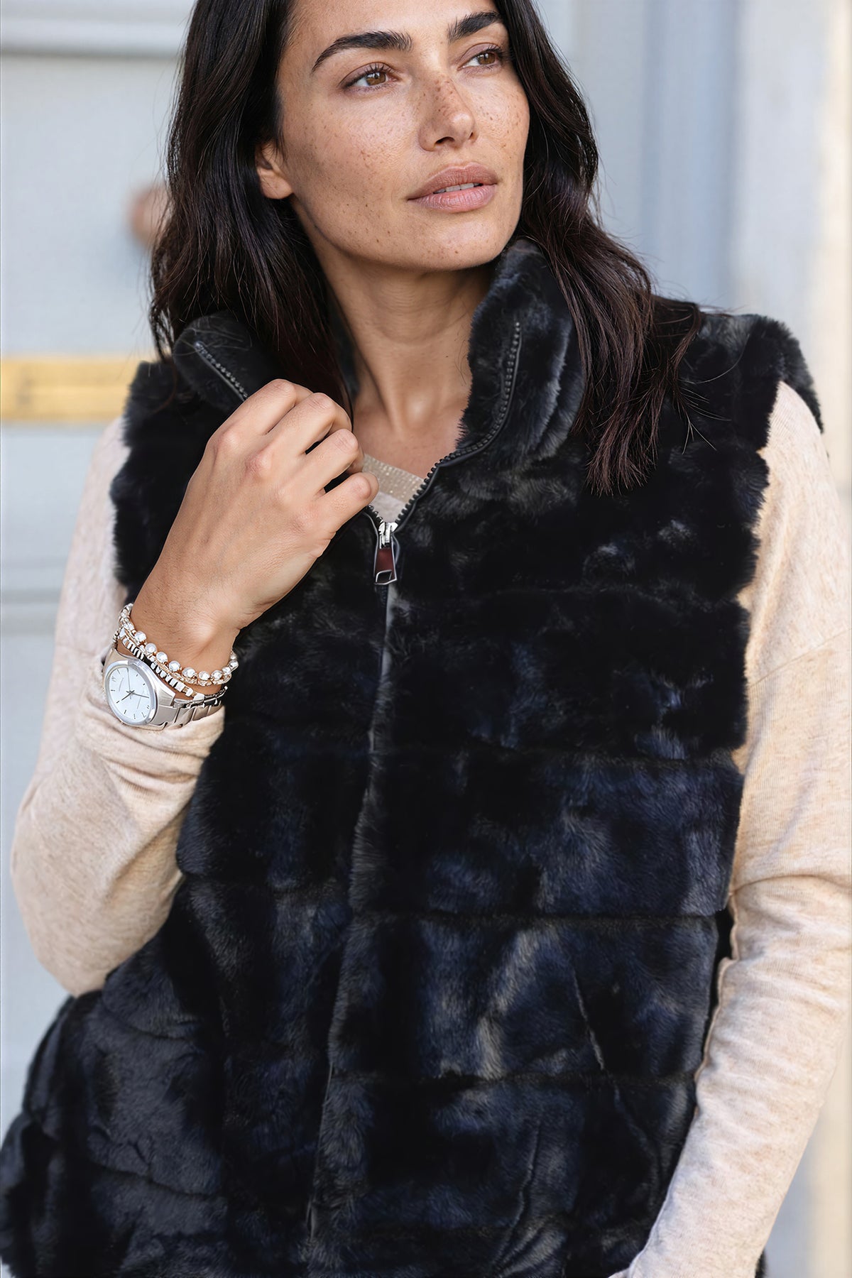 Black Faux Fur Zip Front Vest