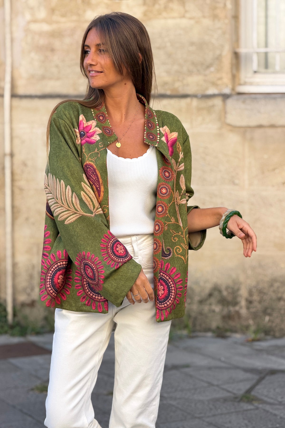 Veste souple en suédine kaki imprimé cachemire Paisley effet broderie