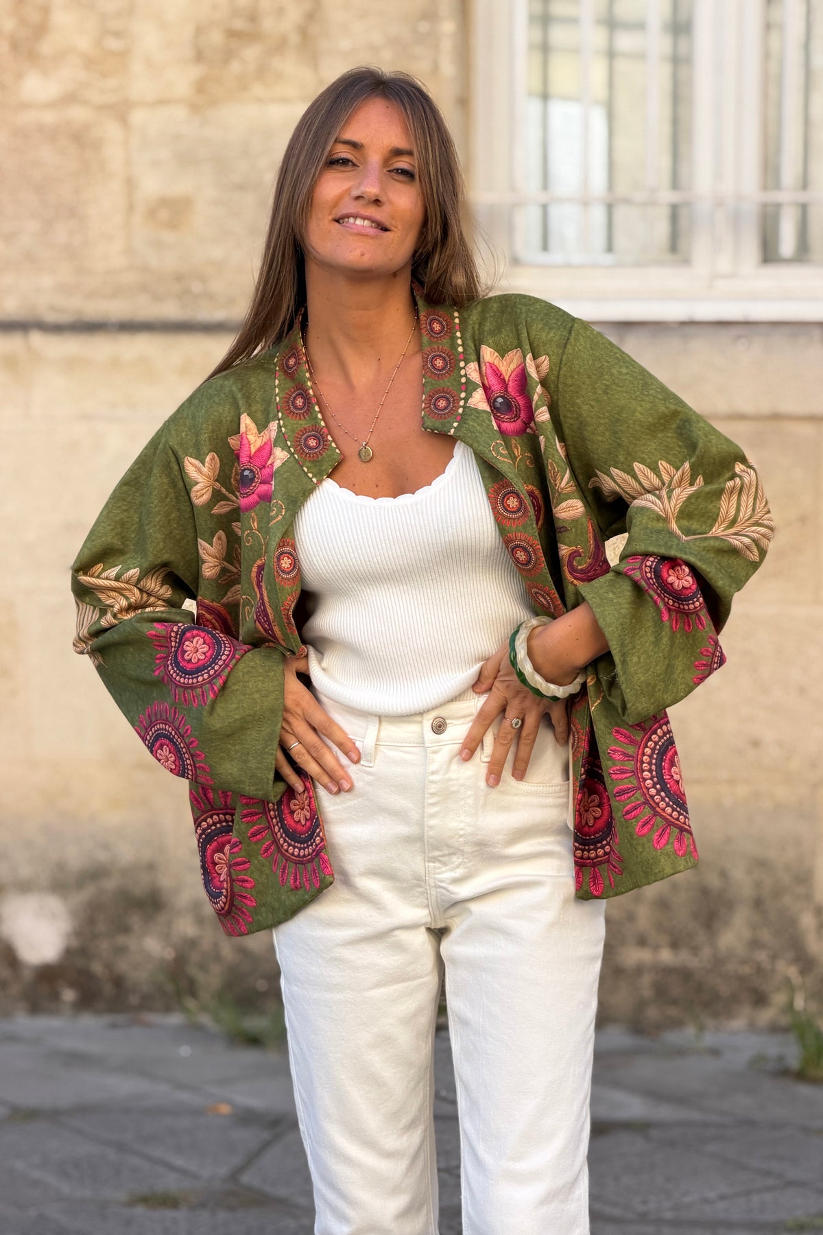Veste souple en suédine kaki imprimé cachemire Paisley effet broderie