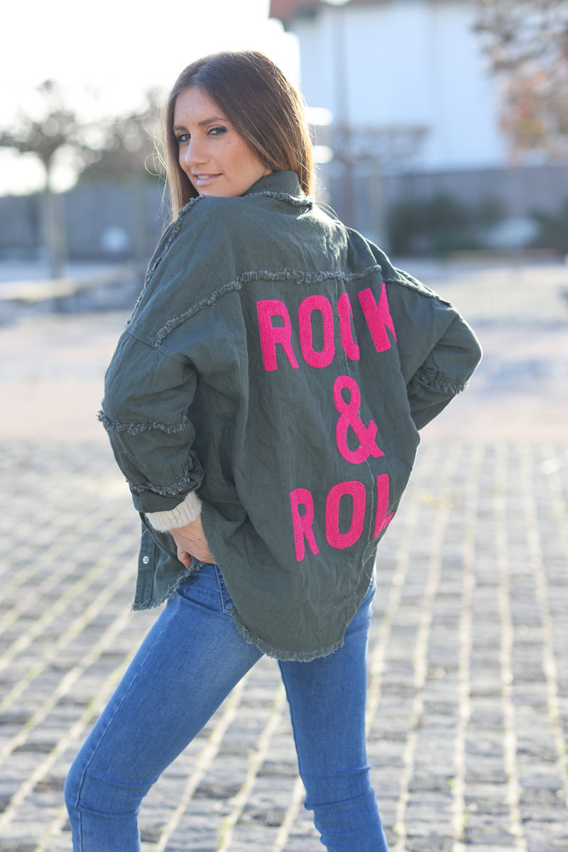 Fuchsia denim oversized jacket 'ROCK AND ROLL' with raw seams
