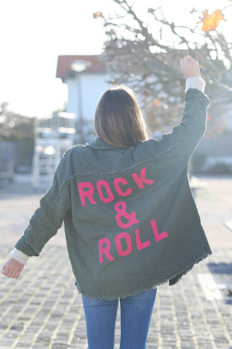 Fuchsia denim oversized jacket 'ROCK AND ROLL' with raw seams