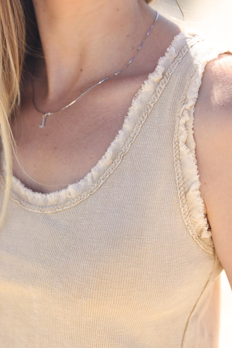 Faded camel cotton tank top with fringes