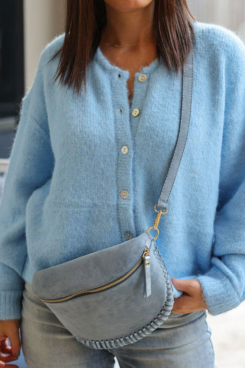 Blue suede leather bum bag fanny pack with metallic stitching