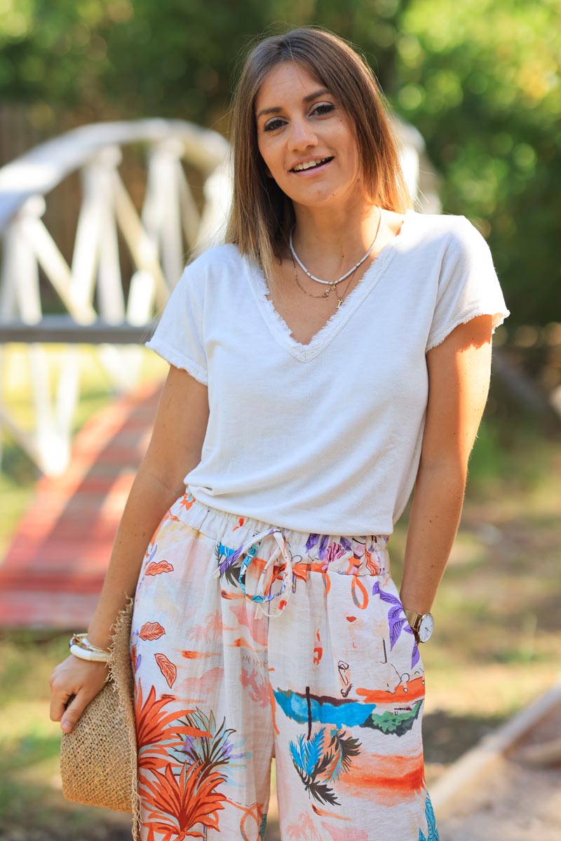 T-shirt coton stretch écru finitions petites franges