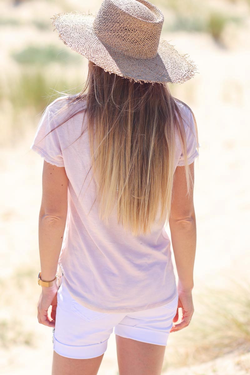Powder pink stretch cotton t-shirt with raw hems