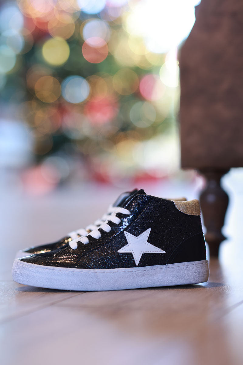Black Sparkle Star Sueded High Top Sneakers