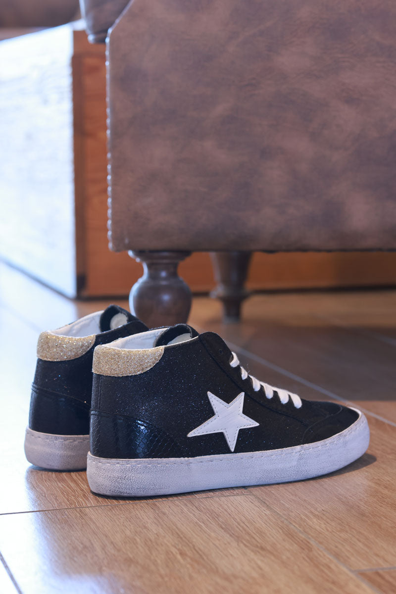Black Sparkle Star Sueded High Top Sneakers