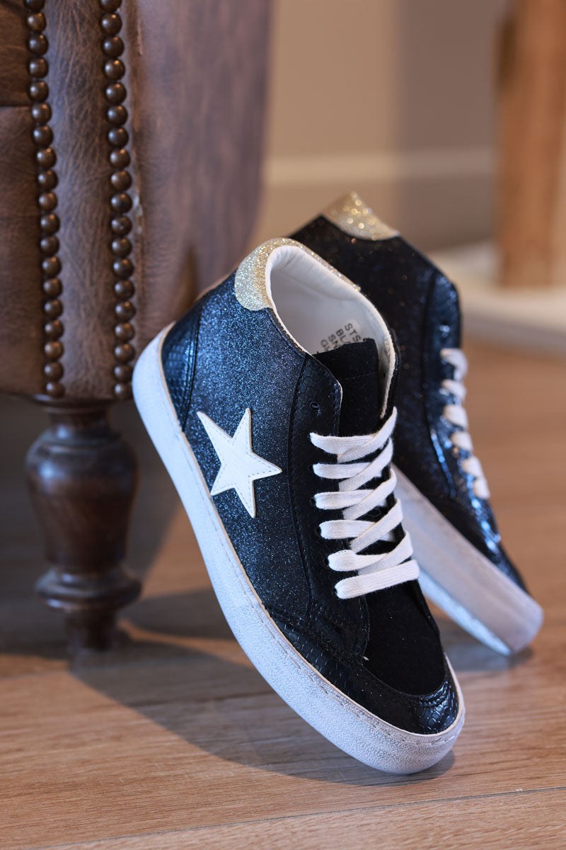 Black Sparkle Star Sueded High Top Sneakers
