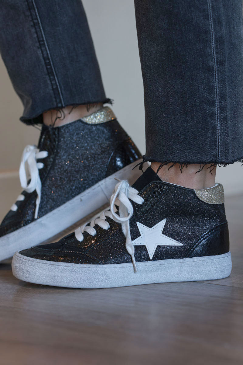 Black Sparkle Star Sueded High Top Sneakers